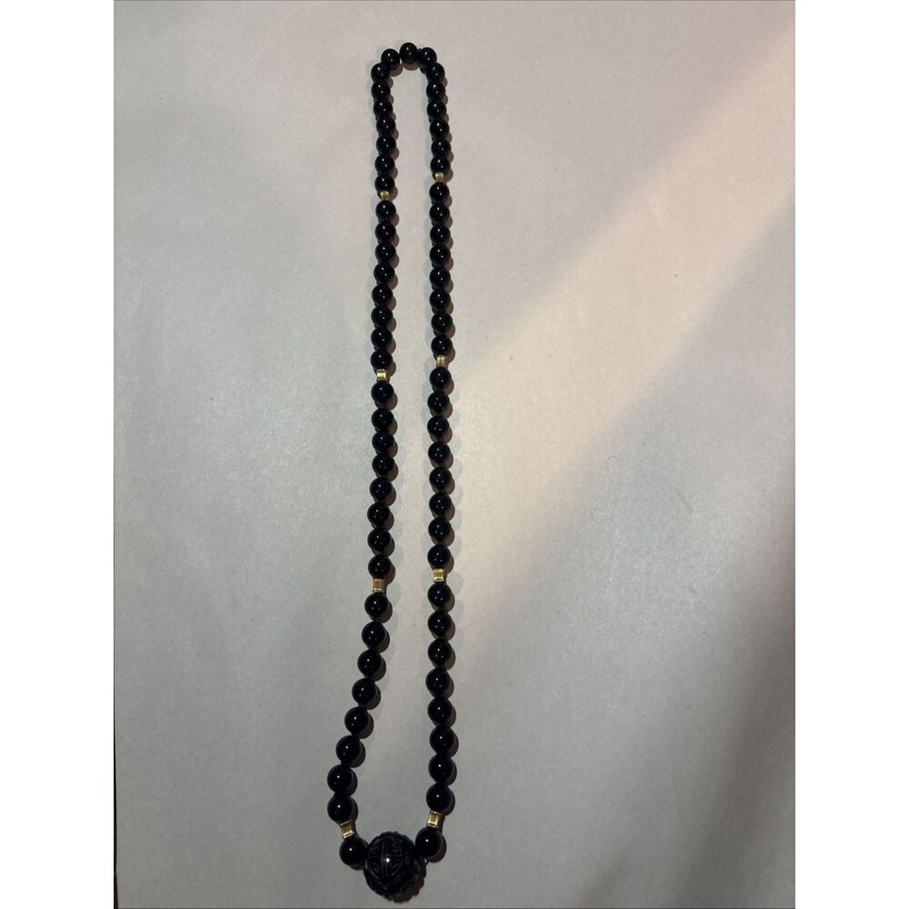 Vintage Black Glass Bead Necklace Carved Focal Pendant Gold Spacers